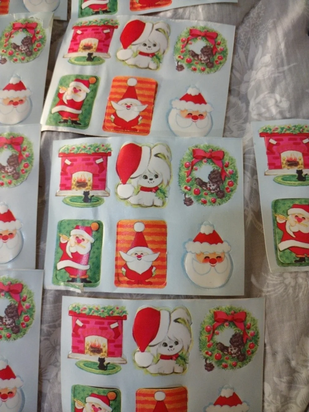 Festive Christmas Sticker Sheets Vintage White Holiday Characters Gummed